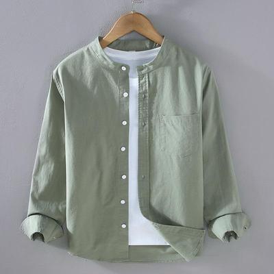 Men's Long Sleeve Cotton-Linen Shirt with Chinese Stand Collar and Pocket - Simple, Comfortable Casual Jacket