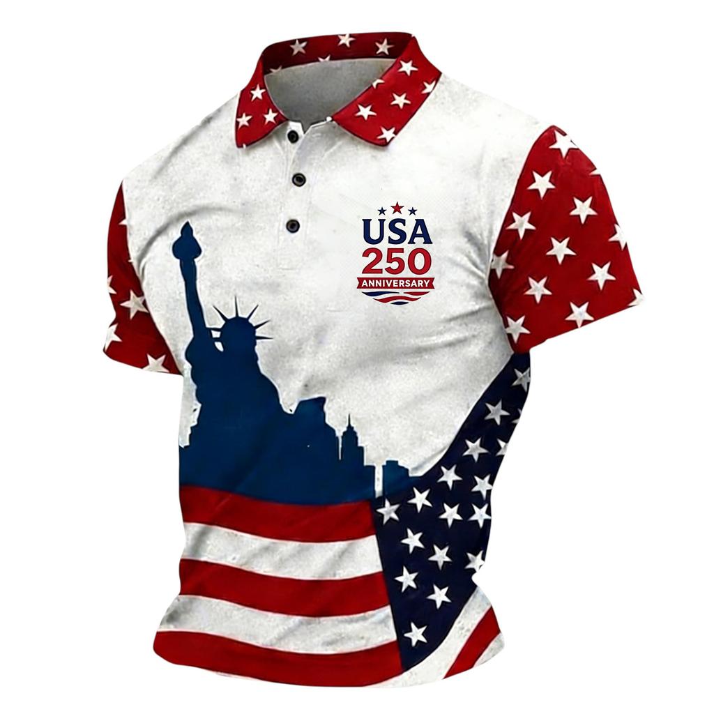 Men Short Sleeve Polo Shirt USA 250 Anniversary Print Casual Button Down Knit Top