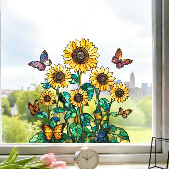 Spring Window Cling Stained Glass Floral Birds Butterflies Decorative Sticker Reusable Static Glass Decal