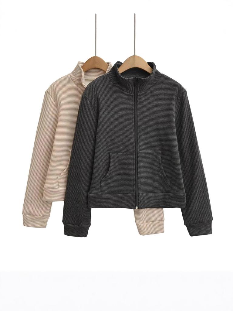 Women's Autumn Stand Collar Hoodie Set with Striped Velvet Wide-Leg Pants