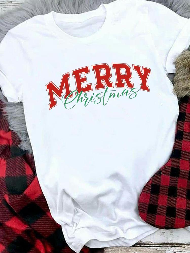 (Asian Size) Women Holiday Print Tee Top festival Merry Christmas New Year letter sweet 90s Casual  Lady Short Sleeve Fashion Graphic T-shirts