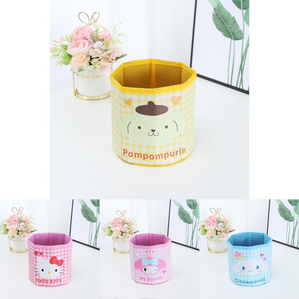 Pu Cartoon Grid Round Storage Bin With Foldable Design For Desk Organization And Office Use