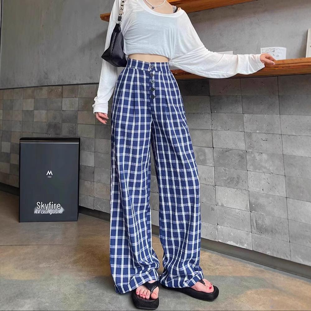 Women's Blue Retro Plaid Double-Breasted Wide-Leg Pants - Zhao Lusi Spring & Autumn Style