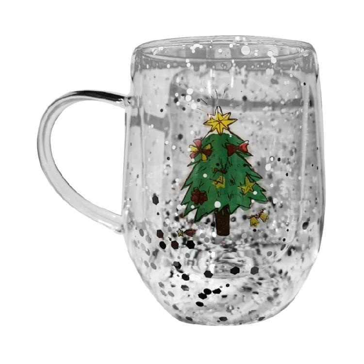 Decorative Christmas Double Wall Glass for Coffee and Milk 300ml Capacity Drinking Cup Heat Resistant Holiday Drinkware