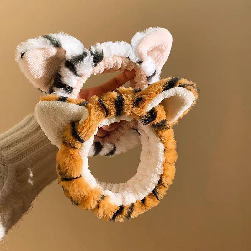 Tiger-Stirnband Damen Plüsch-Haargummi zum Gesichtsreinigen und Schminken - Niedliche Kopfbedeckung für Herbst/Winter.