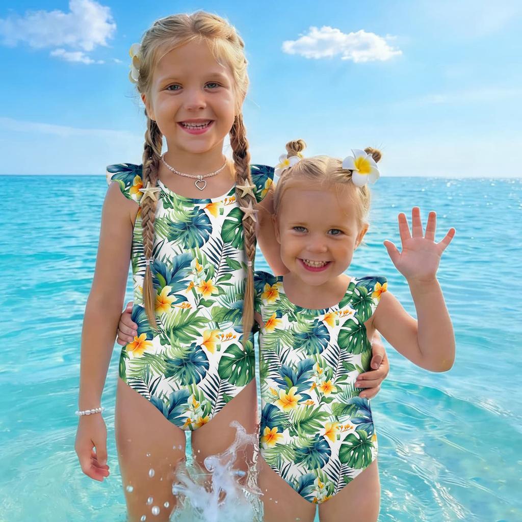 Girls One Piece Swimsuit Hawaiian Print Kids Swimwear Toddler Child Beachwear Sleeveless Ruffle Shoulder Bathing Suit for Summer Pool