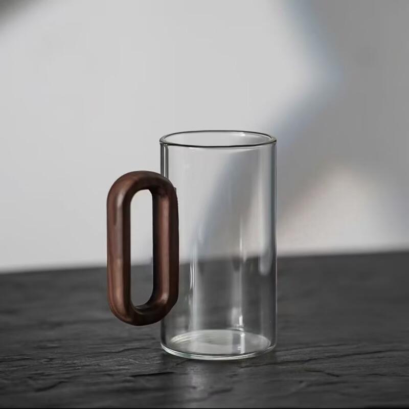 ZISIZ Single-Layer Glass Tea Cups with Wooden Handle, 360ml (Set of 2)
