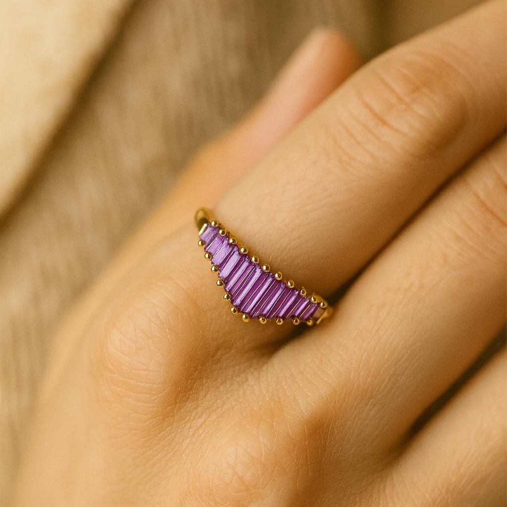 Baguette Amethyst Promise Ring, February Birthstone Ring, Yellow Gold Plated Silver , Perfect Gift For Her