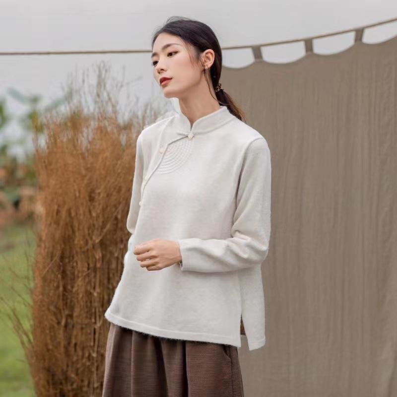 

Johnature женские пуловеры в китайском стиле, однотонная трикотажная одежда, весенние свитера с длинными рукавами и длинными рукавами-стойкой One Size бежевый