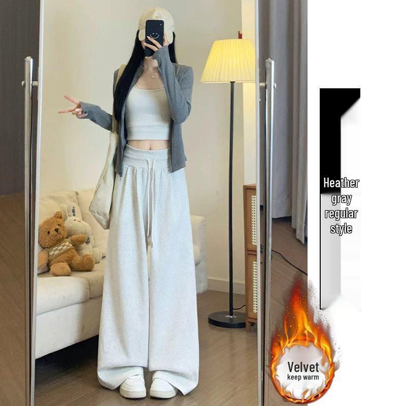 Women's Plus Velvet High-Waisted Wide-Leg Pants - Autumn/Winter Thickened Curve Drape Casual Wear