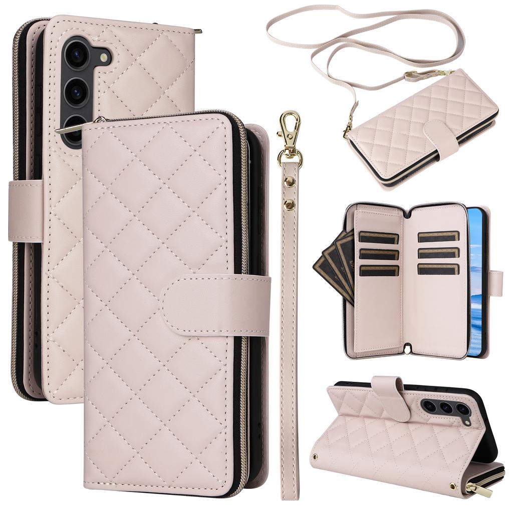 For Samsung Galaxy S23+ Case Rhombus Zipper Wallet Leather Phone Cover with Straps