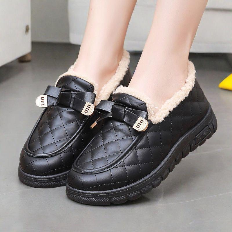 Women's Winter Non-Slip Velvet-Lined Leather Bean Cotton Shoes - Soft Sole, Waterproof, Warm, for Walking