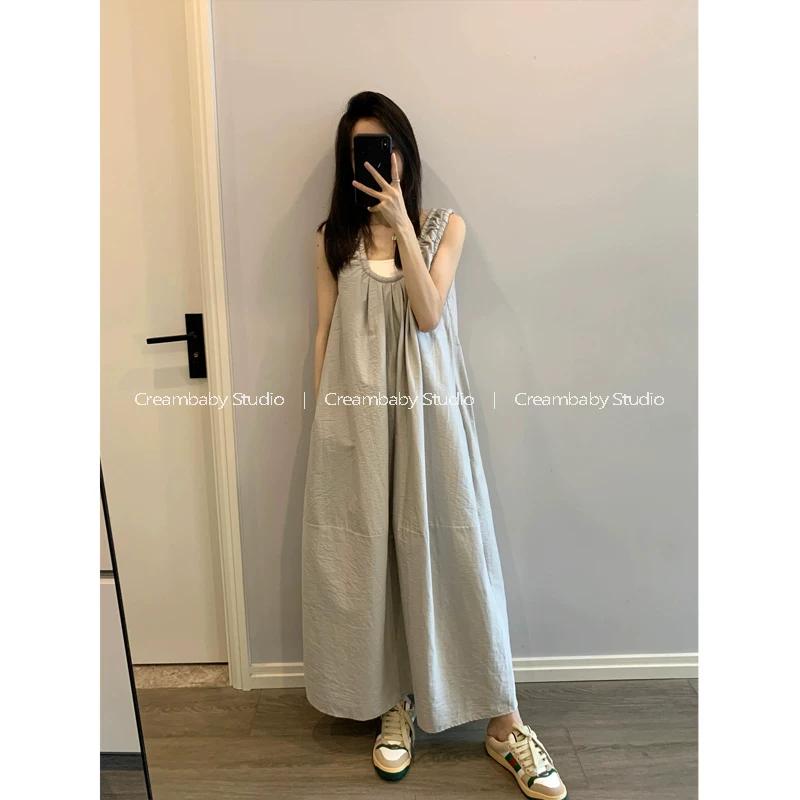Simple and Elegant Gray Pleated Sleeveless Long Loose Slim Looking Korean Style Dress Temperament Long Dress Stylish Niche Style S серый
