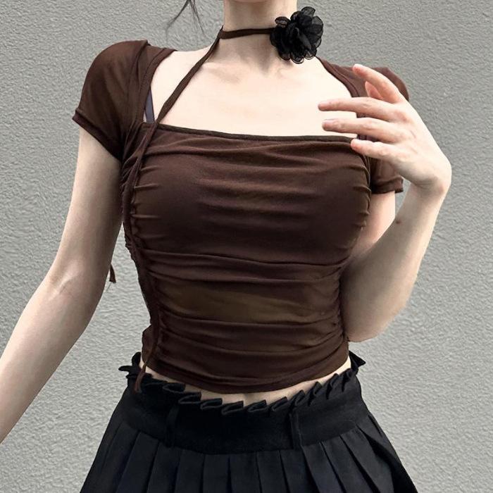 

Mesh square neck short-sleeved neck-hanging slim-fitting short top summer new bottoming shirt front shoulder t-shirt women S