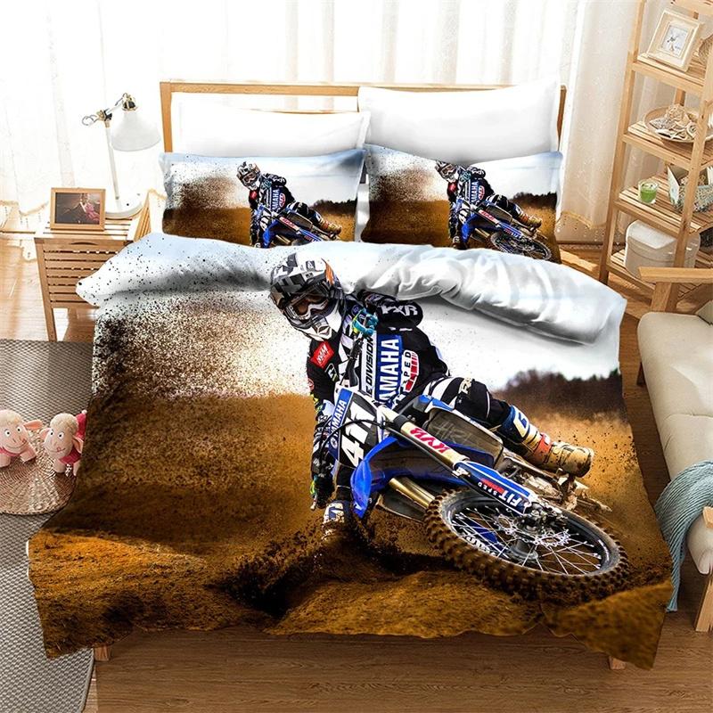 3D Luxus Bettwäscheset Motorrad-Druck Bettbezug-Set mit Kissenbezug Motocross Tagesdecke Jungen Bettset