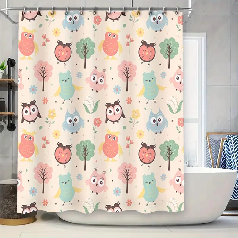 

Cute Owl Flower Bath Curtains for Kids Bathroom Decor White Blue Pink Green Cartoon Shower Curtain W90xH180cm