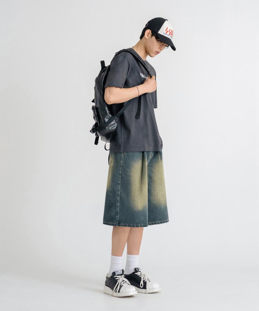 LEMAIN SECOND Bermuda Wide One-Pleat Denim Elastic Shorts [Sand Blue]