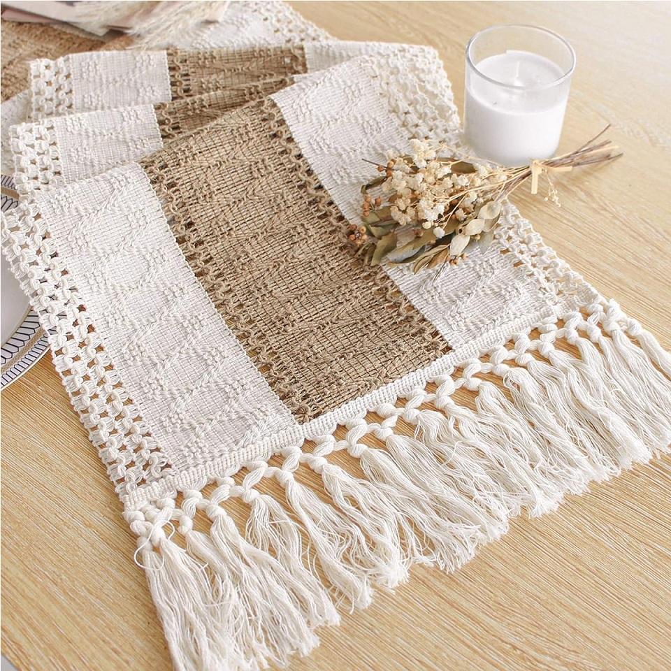Boho Fall Table Runner Farmhouse Burlap Cotton Table Runner with Tassels Woven Macrame Home Living Room Table Decoration