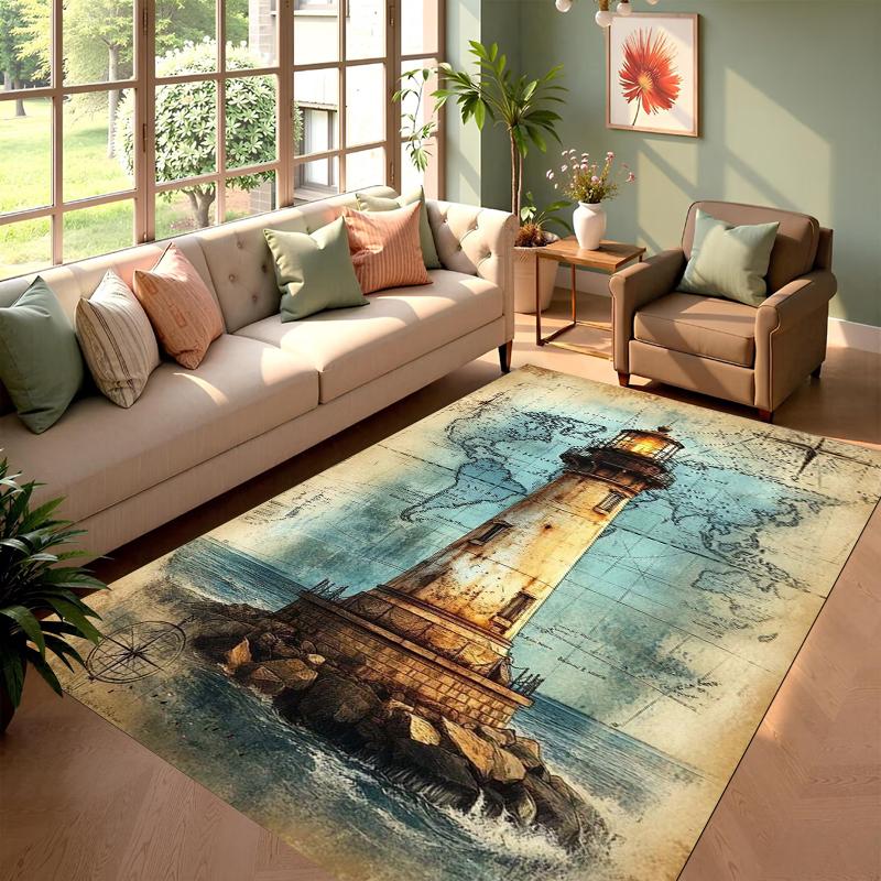 

Vintage World Map Rug Landmark Train Lighthouse Printed Non-slip Floor Mat for Living Room Bedroom Decor for Travel Enthusiasts 40X60cm