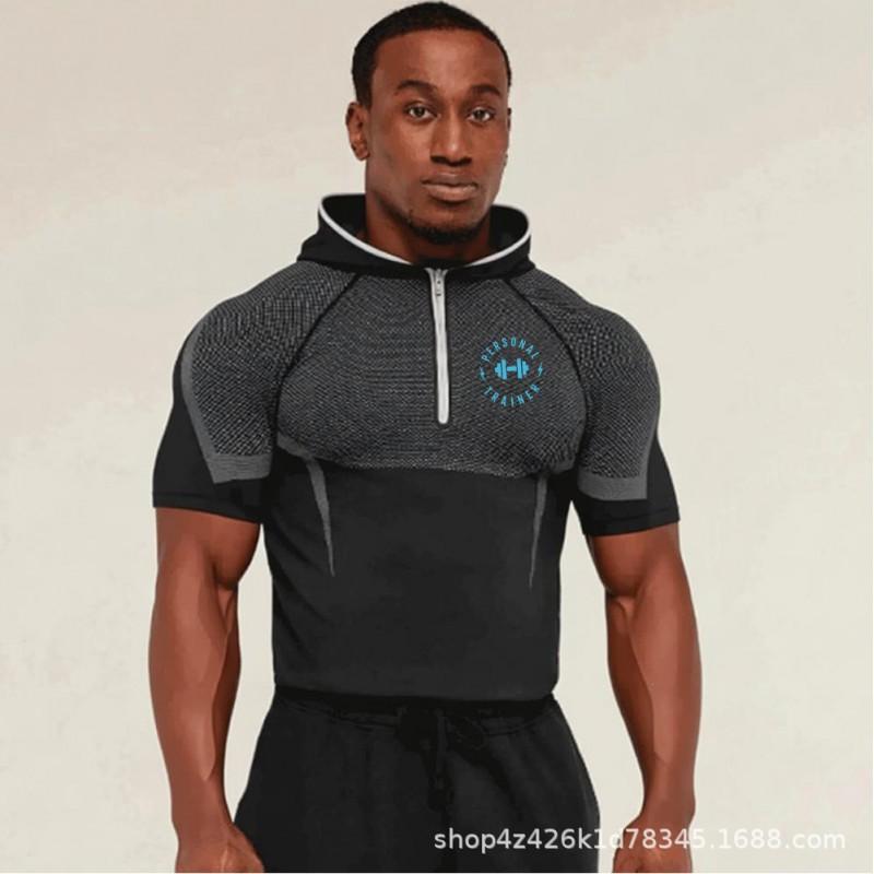 Mens Hooded Half-Zip Performance Basketball Training Top Quick-Dry Stretch Fit Athletic Shirt