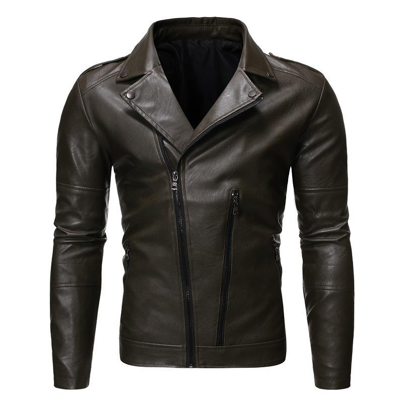 Men's 2019 Autumn/Winter Slim Fit PU Leather Motorcycle Jacket with Oblique Zipper and Lapel Design