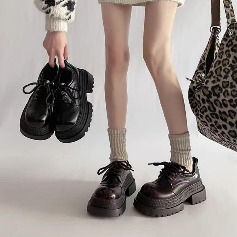 Women's Platform Leather Oxfords Chunky Sole Lace-Up Casual Shoes Thick Bottom Fashion Footwear