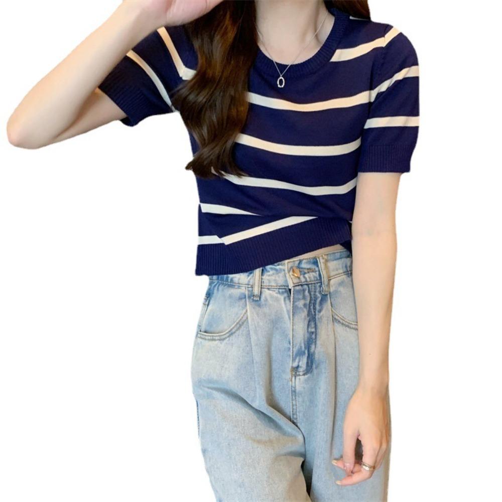 Striped Knitted Short SleeveTWomen's Summer T-shirt2023New Design Sense Niche Slim-Fit Slimming Shoulder Short Tops