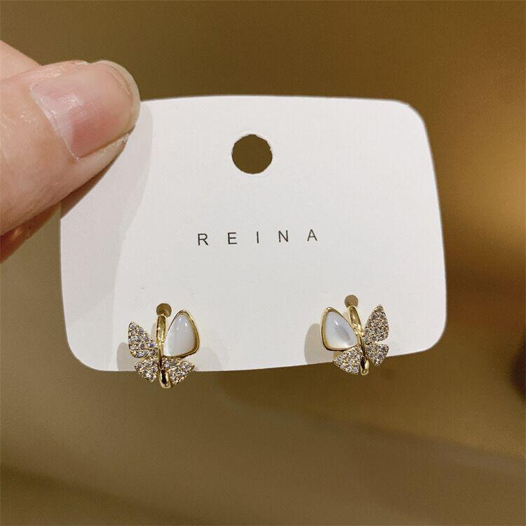 Exquisite Butterfly Zircon & Cat s Eye Gold-Plated Earrings