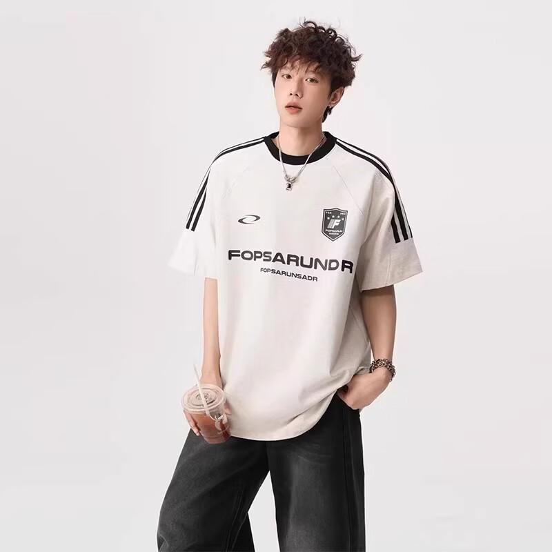 QOTRIOCK American Striped Letter Print Short Sleeve T-shirt