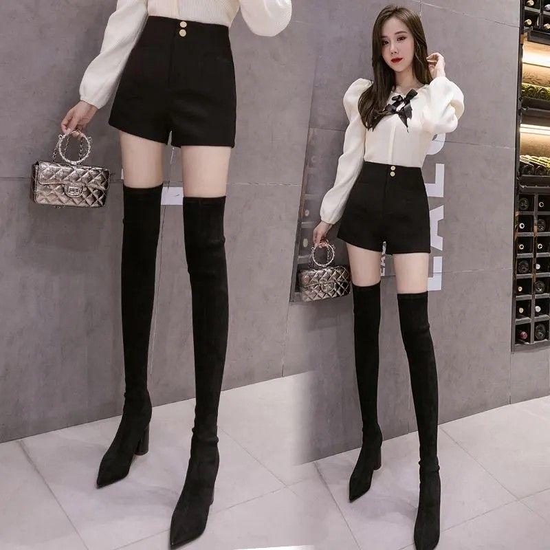 2026 Spring/Autumn High Waist Black Bootcut Bottoms: Slimming Petite Casual Base Layer Shorts