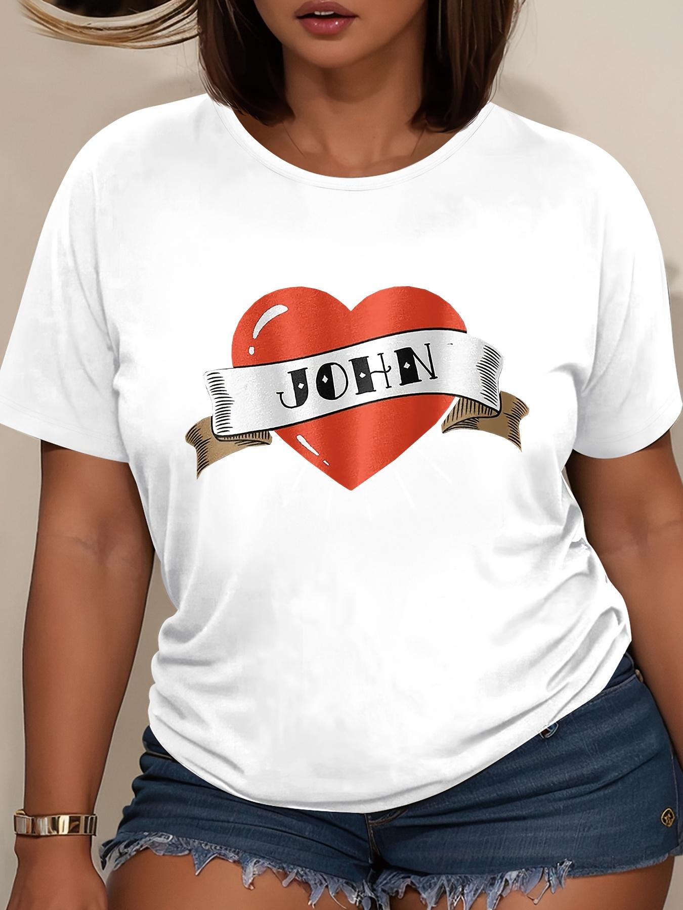 

European size Plus Size, Women s Valentine s Day Oversized T-Shirt - White Casual Short Sleeve Round Neck Top with Red Heart John Lettering Graphic S белый