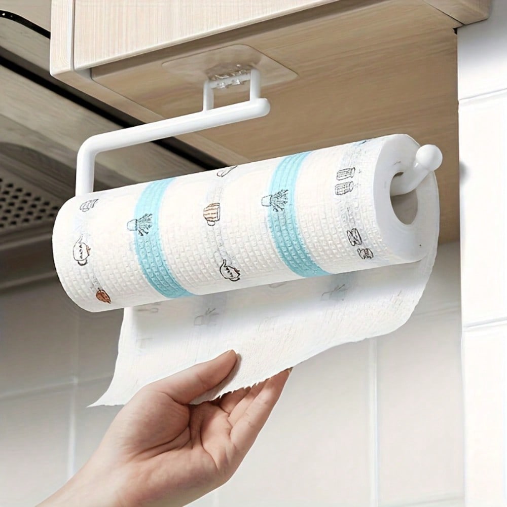 1pc Punch-free Kitchen Paper Towel Rack, Toilet Paper Holder, Paper Roll Rack Hanger, Plastic Film Storage Rack, Rag Storage Rack