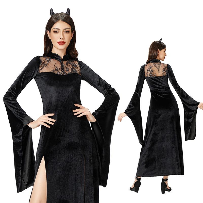 Dark Goth Halloween Costume Black Dress Witch Sexy Lace Medieval Maxi