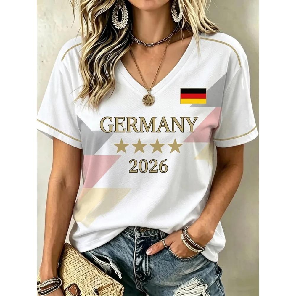2026 Niemcy Piłka Nożna T-shirt z Dekoltem V Czarny Czerwony Żółty Niemiecka Flaga Rękaw Casualowy Sportowy Krótki Rękaw Koszulki Dopasowanie Rodzinne