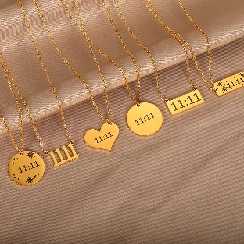 11:11 Rectangle Pendant Necklace for Women Stainless Steel Gold Color Chain Lucky Angel Number 1111 Choker Jewerly Collares
