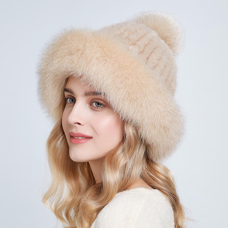 Genuine Mink Fur Beanie Hat Winter Womens Fox Brim Hats Thick Warm Fox Fur Caps With Pompom Fashion Fur Knit Beanies