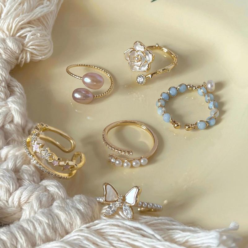 Chic French Style Butterfly Camellia Pearl Ring For Women With Unique Fashionable Appeal And Adjustable Fit