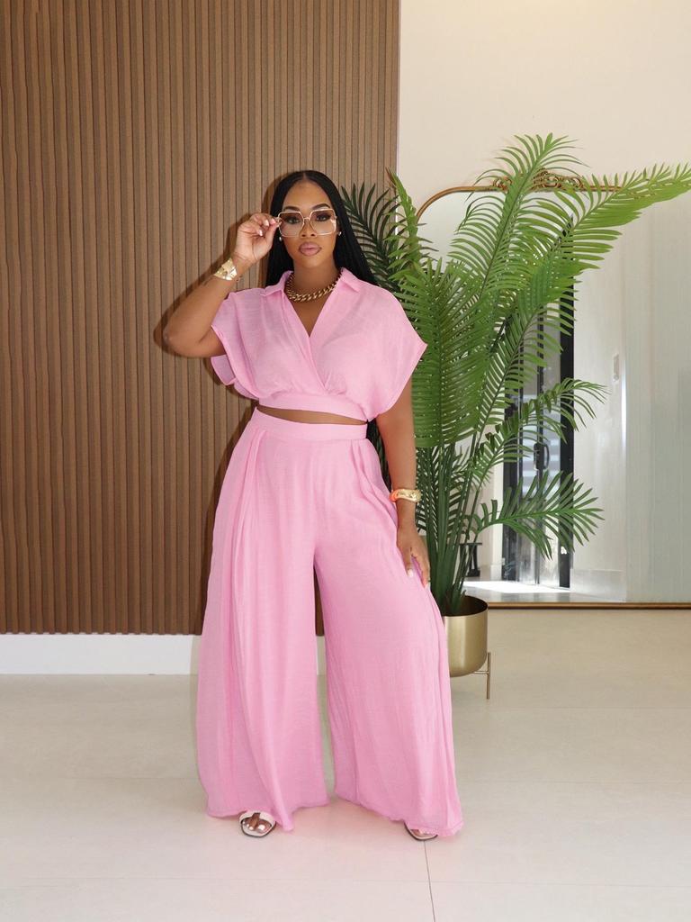 TW716 Trendiges Europäisches & Amerikanisches Plus-Size Lässiges Urlaubs-Revers-Oberteil & High-Waist Weitbeinige Hosen Set