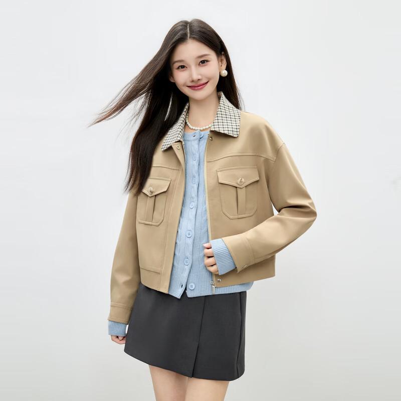 Women s Retro Faux Two-Piece Plaid Zipper Jacket XL