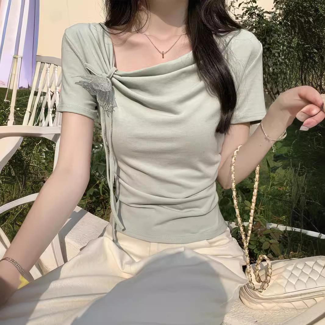 

Женская футболка с короткими рукавами, шнуровкой-бабочкой и косым вырезом горловины, летняя, нового дизайна, приталенная, сладкая и пикантная, короткий топ XL