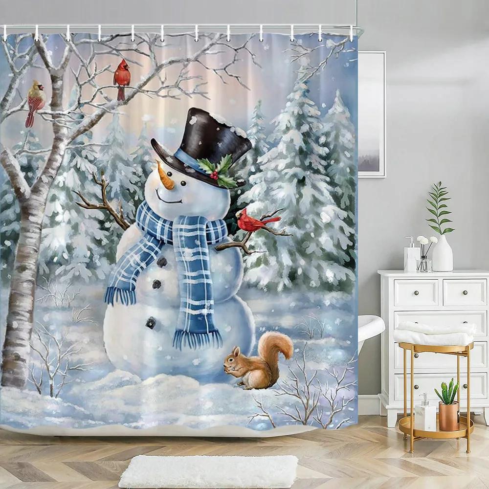 Red Christmas Shower Curtain Xmas Tree Print Bath Home Decor Winter Holiday New Year Bathroom Curtains Hooks Made Of Polyester Washable Washroom Ready