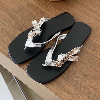 Mode Mode Eckige Zehenpartie Gürtelschnalle Flache Pantoletten Damen Sommer Sexy Zehensteg-Flip-Flops Bequem Rutschfest Urlaub Strand Sandalen