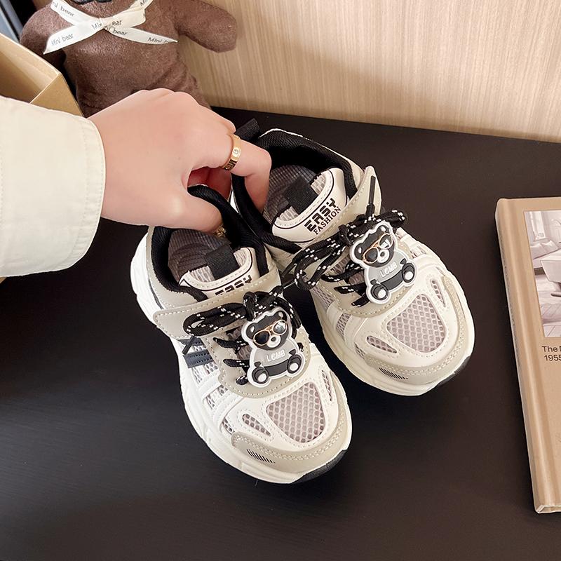 Kids Sneakers Breathable Mesh Hook&loop Boys Girls Running Shoes Cute Bears 2025 New Fashion Children Sports Shoes Soft Sole