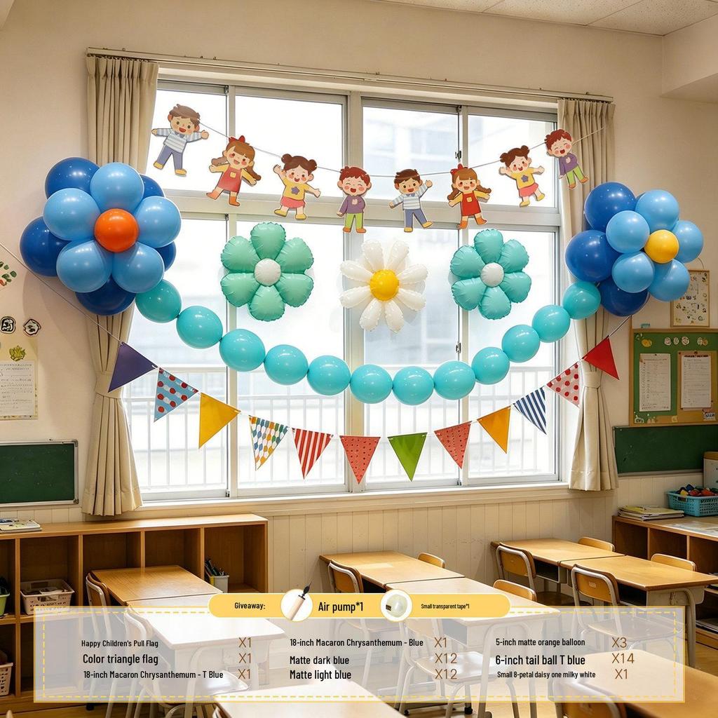 Children's Day Classroom Decorations: Blackboard, Flowers, Balloons, Flag Banners for Kindergarten Atmosphere and Photo Setup