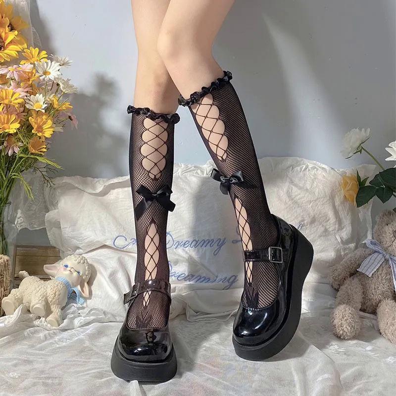 Women Sexy Fishnet Bow Lace Stockings Ruffled Butterfly Hollow Soft Nylon Elastic Knee High White Sock Jk Black Mesh Leg Socks