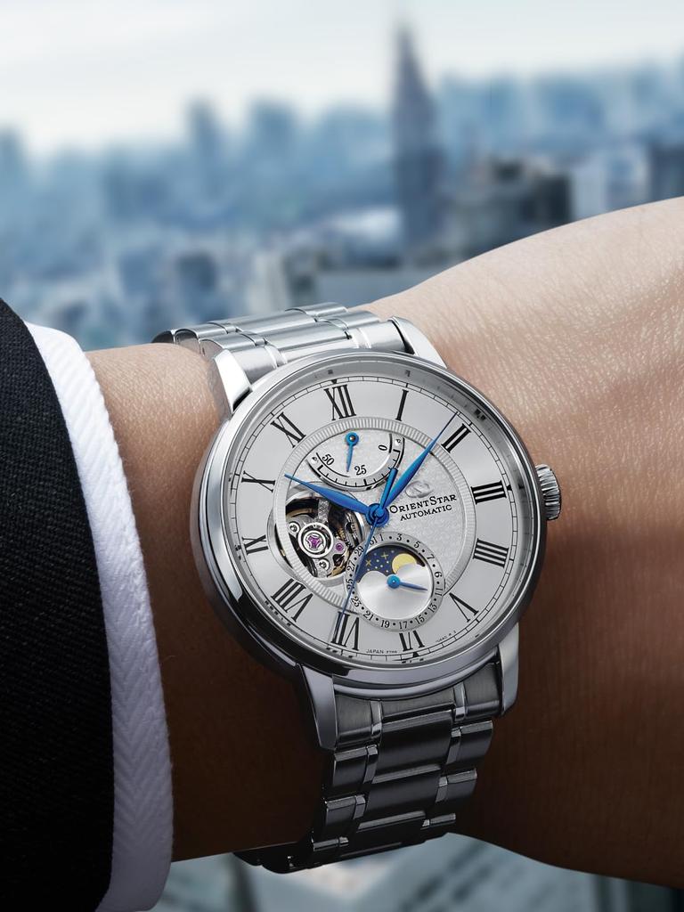 Orient Star M45 F7 Automatic Watch with Mechanical Moon Made in Includes Replacement and Comes with a Warranty White Phase, Japan, Strap, 2-Year