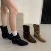 French niche two wear thick heel belt buckle short boots women's autumn and winter new retro classic sleeve suede thin boots