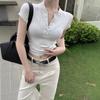 Summer New American Button-down Semi-open Neck Short-sleeved T-shirt Women's Top Slim-fitting Pleated Short Bottoming Shirt Tide