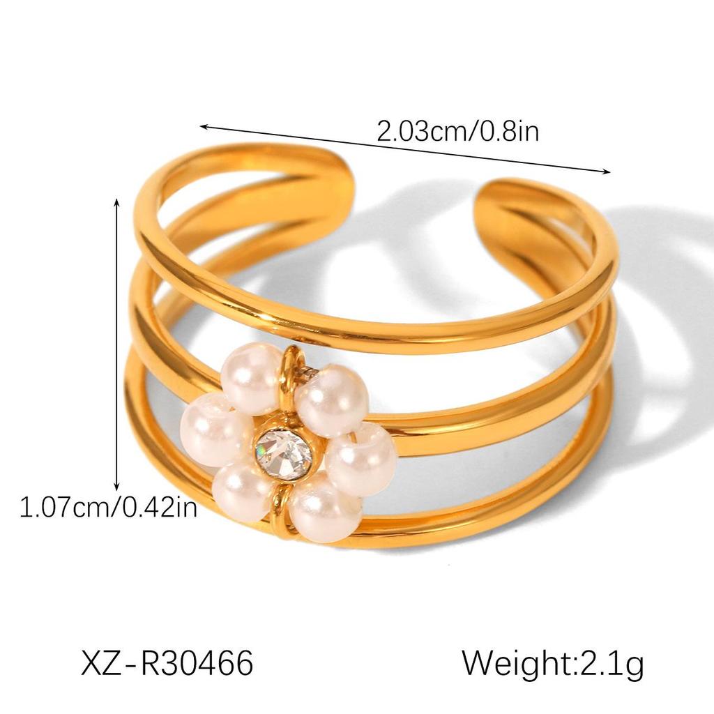 European and American Pearl Flower Stainless Steel Open Ring – High-End, Non-Fading Titanium Steel for Women
