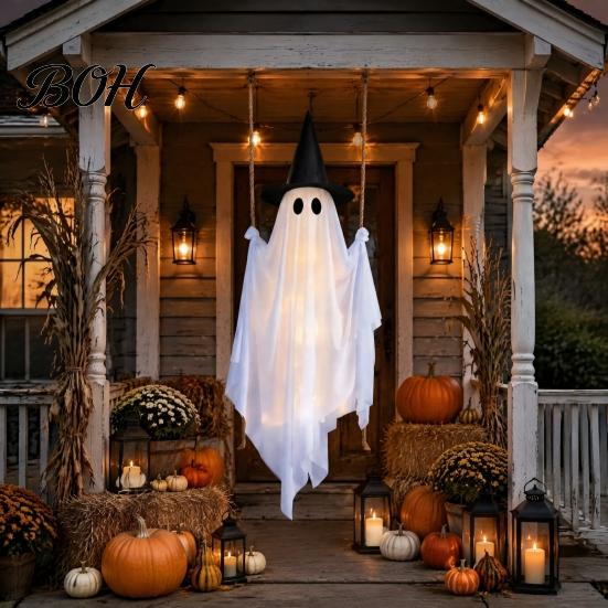 Leuchtende Halloween-Atmosphäre Requisite Hängende Schaukel Geist Dekoration mit Hexenhut, Gruselige Außen Dekoration Beleuchtet Weiß für Garten Lichterkette Und